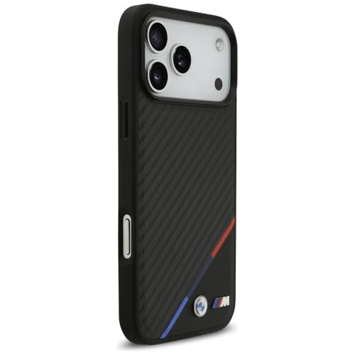 Image of CG MOBILE BMW [Official Licensed] Protective Case Designed for iPhone 17 Pro Max |Magnetic Compatible|M Collection|Pu Leather Case Carbon & Tricolor Stripe with Metal Logos -Black