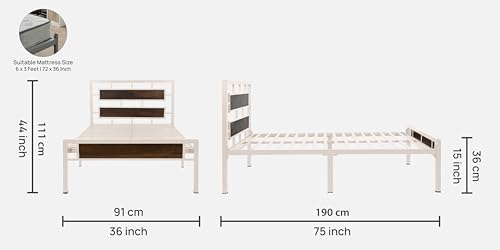 Image of Zeek Metal Extra Single Size Bed Without Storage | Wrought Iron Single Bed with Headboard & Footboard| Sturdy Powder Coated Platform Cot for Bedroom (Zeek Ivory)