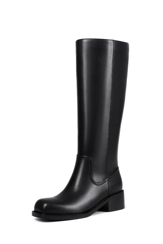 ZJA Knee High Boots Square Toe Boots Low Heel Flat Long Boots for Women Dress Chunky Comfortable Tall Boots Black Size 7