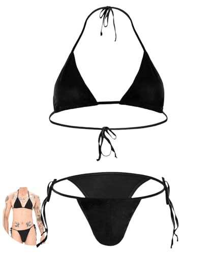 Panegy Men's Bikini Crossdressing Lingerie Set Tie up Halter Neck Bra Underwear Set 2 Piece