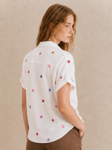 Image of Women's Floral Embroidered Shirt | Elegant Short Sleeve Shirts for Casual & Office Wear | Stylish Summer Button-Down Shirt for Girls & Women
