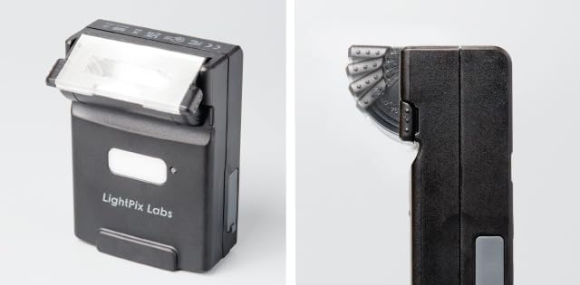 FlashQ Q20III mounted on a camera, showing both flash and LED light modes