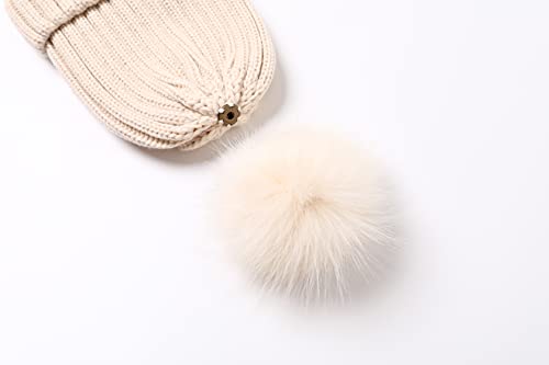 Roniky Womens Winter Beanie Hat, Silk Satin Lined Faux Fur Pom Pom Beanies Hat For Women Girls Warm Winter Knit Hats Beige #TOP5