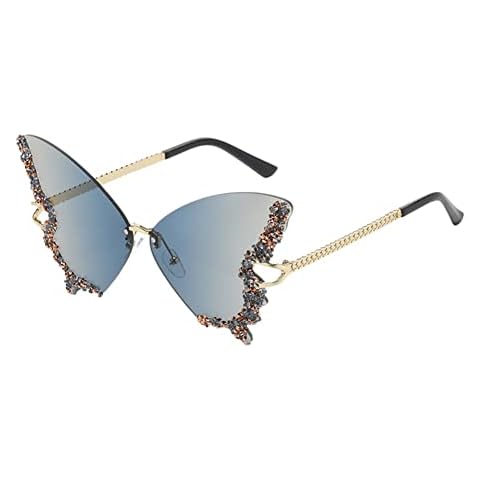Women's Retro Classic Butterfly Shape Diamond Rimless Sunglasses UV Blocking Sunglasses Blue+Brown Cover