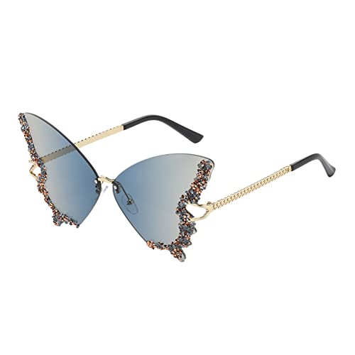 Women's Retro Classic Butterfly Shape Diamond Rimless Sunglasses UV Blocking Sunglasses Blue+Brown