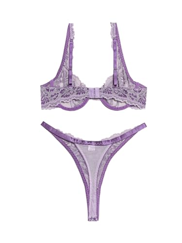 Image of Lilosy Sexy Floral Lace Scallop Underwire Push Up Sheer Lingerie Set Outfits