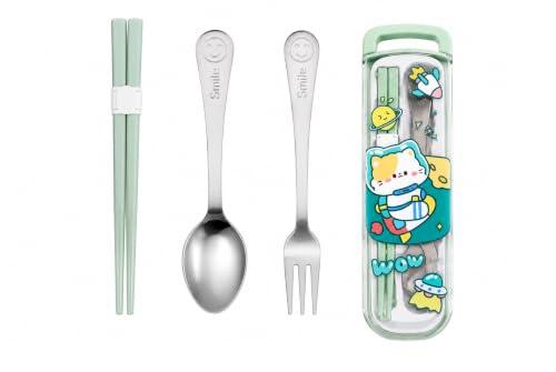 Image of Kids Cutlery Set with Box | Stainless Steel Spoon /Fork /Chopsticks | BPA-Free Food Grade Portable Lunch Utensils for School, Travel, Picnic & Camping