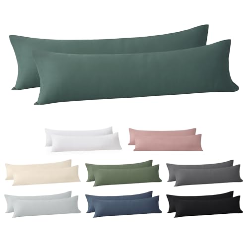 Jellymoni Juego de 2 fundas de almohada de algodón de 40 x 145 cm, color verde oscuro, certificado Oeko-Tex, 100 % algodón lavado, con cremallera oculta, suave, 2 unidades, para almohada de 40 x 145