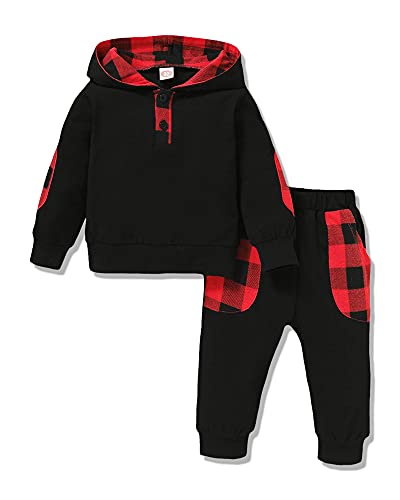Nilikastta Baby Boy Clothes 2Pcs Toddler Sweatshirt Hooded Classic Plaid Letter Printed Hoodies Camo Pants(Black,3-6 Months) #TOP13