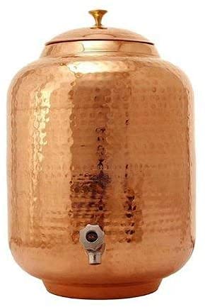Will and Weaves Wasserspender aus reinem gehämmertem Kupfer mit Zapfhahn, Matka-Wasserkrug, Kupferkrug mit Hahn, 4 Liter, mit 2 gehämmerten Wassergläsern aus Kupfer