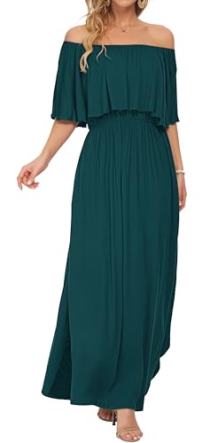 Image of AUSELILY Womens Off Shoulder Ruffle Split Summer Maxi Dresses with Pockets | Off-shoulder Ruffle dress with empire waist & side split for summer beach and casual parties