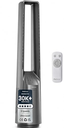 Pro Breeze Silent Bladeless Portable Tower Fan - Ultra Quiet Standing Air Circulator with Remote Control, Timer, 6 Speeds & LED Display option