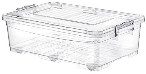 Muddy Hands Clear Plastic Storage Box with Lid & Wheels Home Office Stackable Container (Single - 30 Litre (Underbed))
