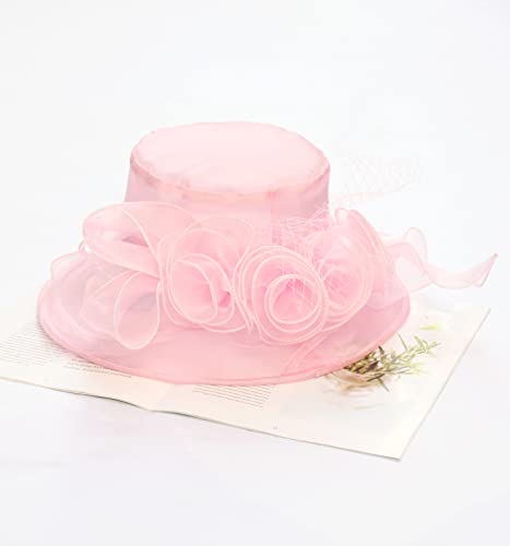 Z&X Organza Church Fascinator Wedding Tea Party Derby Hats for Women Flower Wide Brim Sun Hat, 024 Light Pink, One Size - Image 2