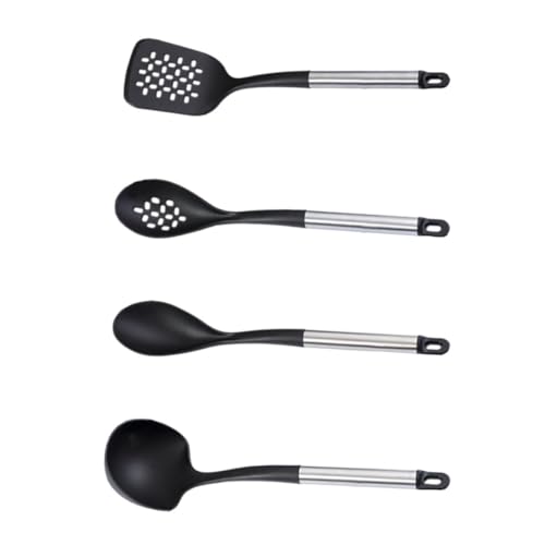 POPETPOP Juego de Cucharas y Espátulas Antiadherentes de Acero Inoxidable y Nylon, Set de 4 Piezas para Cocina en Casa y Restaurante, Resistente y Práctico