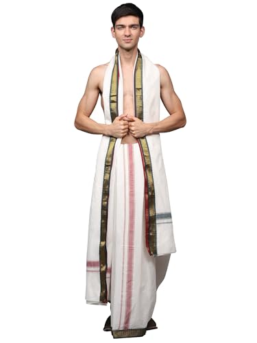 Men's Cotton Dhoti and Angavastram with Zari Woven Border | Elegant Border Design Dhoti Gamcha Set for Wedding Pooja Festive Wear