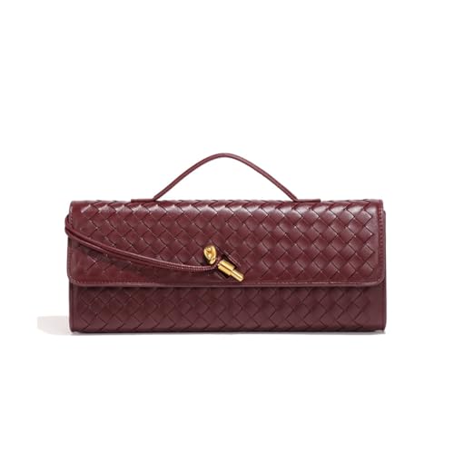 FHKHC Women's Clutch Purse Handmade Woven Crossbody Bag Leather Evening Handbag Fashion Shoulder Bag (Wine red)