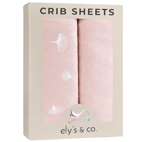 Image of Ely’s & Co. Crib Sheet 2-Pack — Combed, 100% Jersey Cotton for Baby Girl — Rosewater Pink, Pin Dots & Gingko Leaves 52” x 28”