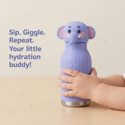 Image of JOUET 450ml Stainless Steel Kids Water Bottle with Cute Elephant Character Lid, Leakproof Drinking Bottle for School, Travel, Sports & Everyday Use
