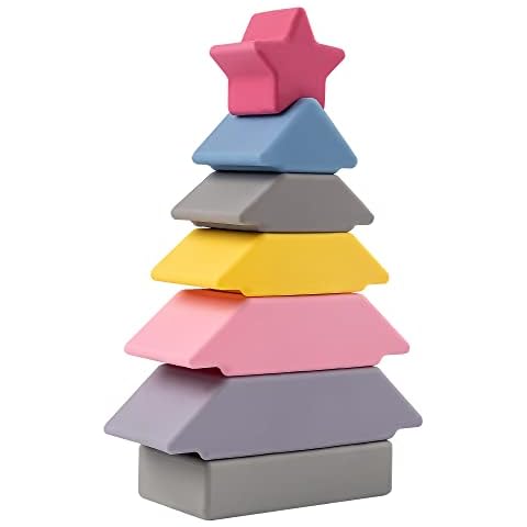 7 PCS Silicone Stacking Blocks, Cybcamo Soft Silicone Christmas Tree Kits , for Children and Babies 6 Months and Above Stacking Toys (Pink) Cover