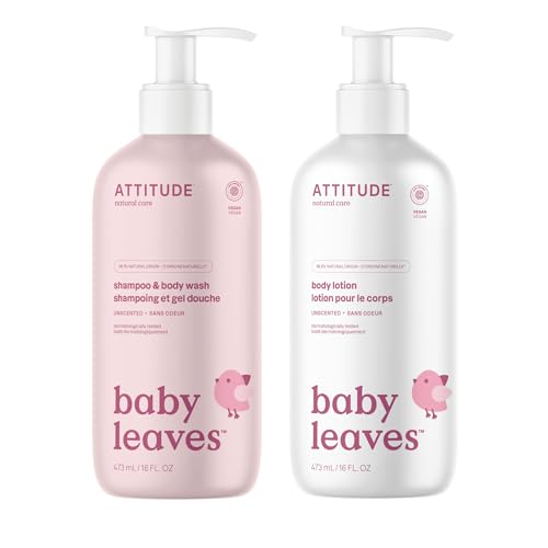 Image of Bundle of ATTITUDE Body Lotion for Baby, EWG Verified, Dermatologically Tested, Plant and Mineral-Based, Vegan, Unscented, 16 Fl Oz + 2-in-1 Shampoo and Body Wash for Baby, Unscented, 16 Fl Oz