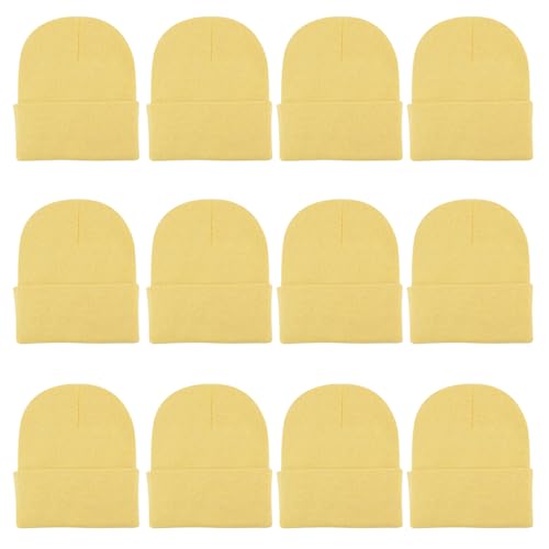 ZH 12-Pack Knitted Winter Beanie Hats for Men and Women Warm and Cozy Cuffed Skull Caps Bulk Purchase Yellow