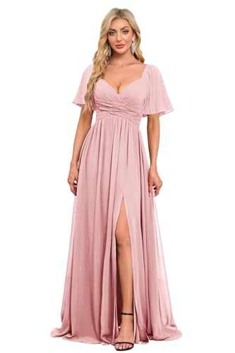 Image of Women's Flutter Sleeves Chiffon Bridesmaid Dresses with Slit Long A Line V-Neck Formal Party Dress with Pockets