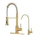 Kitchen Faucet and Water Filter Faucet: Brushed Gold Kitchen Sink Faucet with Drinking Water Faucet - Stainless Steel Single Handle Tap with Pull Down Sprayer for Kitchen Sink Farmhouse Bar