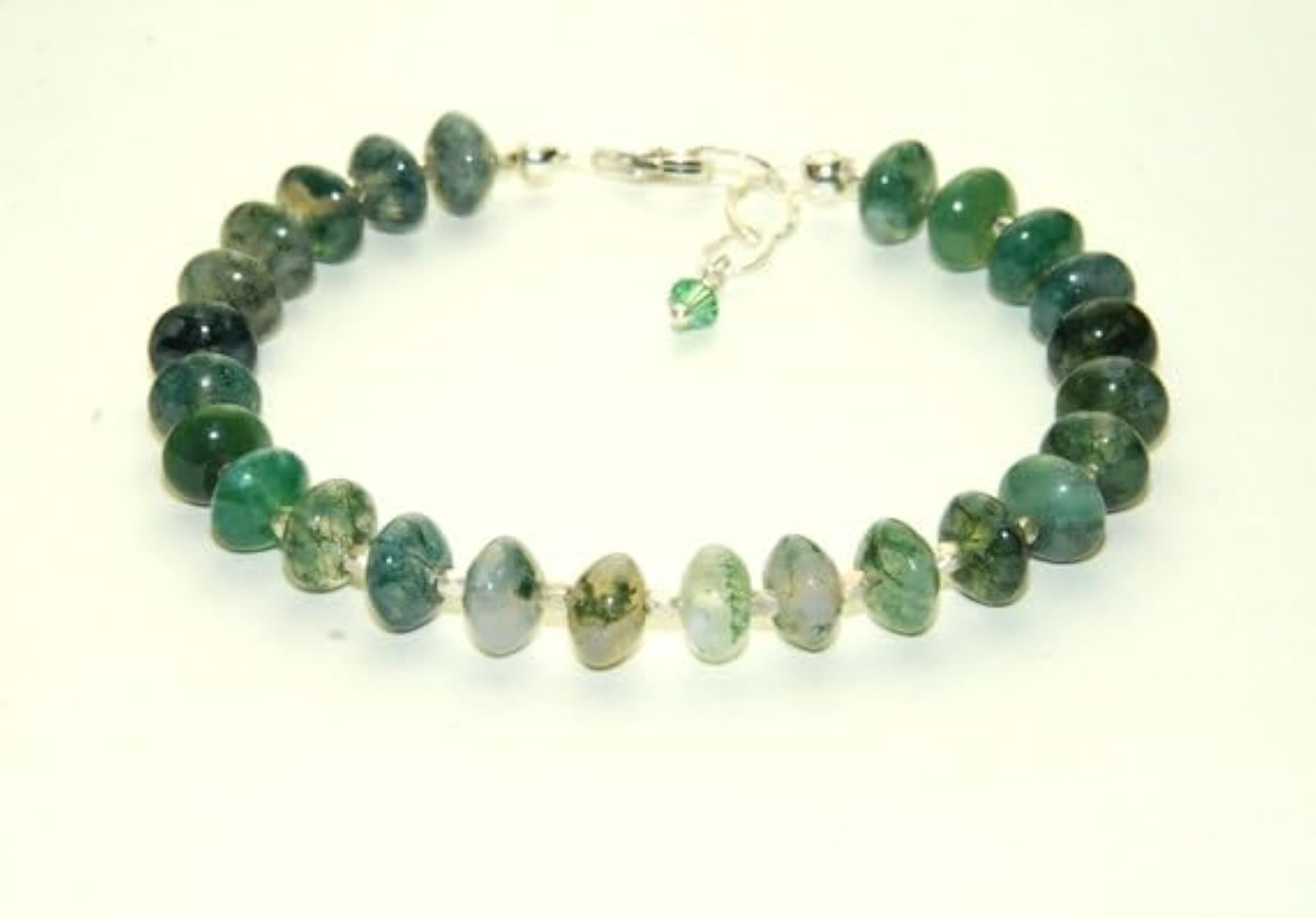 Green Moss Agate Button Beaded Bracelet, Adjustable Silver Lock
