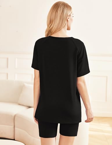 Image of Ekouaer Women 2 Piece Lounge Set Crewneck Tshirt Biker Short Summer Outfit | Summer Loungewear, Lightweight, Dual Front Pockets, Travel Airport Outfit, 2026 Summer Matching Set, Everyday Casual