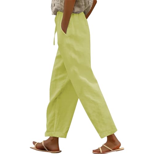 szvbofueck Pantalones de tela para mujer, 7/8, pantalones de lino con bolsillos, pantalones de verano, ligeros, rectos, holgados, cómodos, informales, monocolor, pantalones de deporte, elásticos