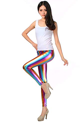 Furein Leggins para Mujer Elásticos Cómodos Acabado Colores Brillantes Metalizados Imitación Cuero con Cintura Elástica (Multicolor, L/XL)