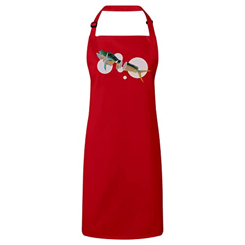 Tablier cuisine rouge anti-tache motif surréaliste poisson citron