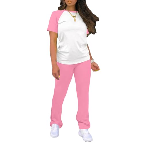 Nimsruc 2 Piece Outfits for Women Short Sleeve Lounge Sets Matching Jogger Set Tracksuit Pink M