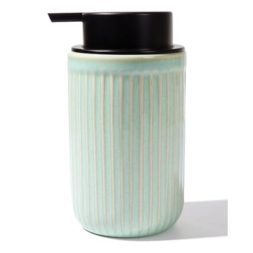 BosilunLife Dish Hand Soap Dispenser - Liquid Pump Soap Dispenser for Bathroom Deco Light Green 12oz Ceramic Kitchen Dish Dispenser with Rust-Proof Liquid Pump Modern Refillable Lotion Bottl