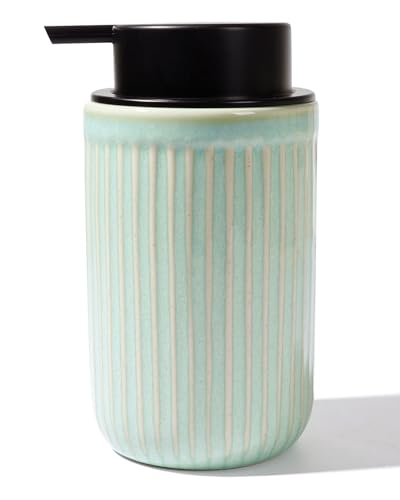 Image of BosilunLife Dish Hand Soap Dispenser - Liquid Pump Soap Dispenser for Bathroom Deco Light Green 12oz Ceramic Kitchen Dish Dispenser with Rust-Proof Liquid Pump Modern Refillable Lotion Bottles