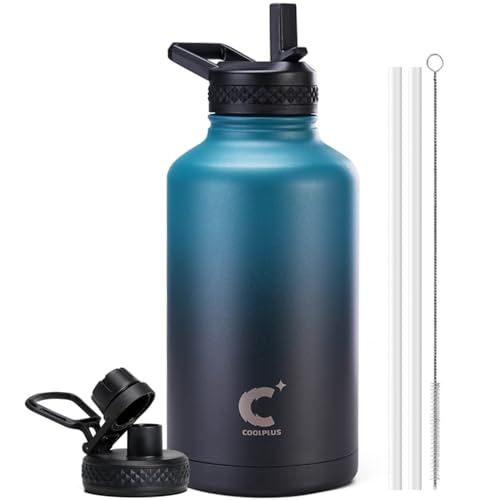64 oz Water Bottle Insulated, Coolplus Half Gallon Insulated Water Jug With Straw Stainless Steel Double-Walled Vacuum Metal Large Flask Bpa-Free Leakproof, Keep Cold 48 Hrs Hot 24hrs, Blue Black
