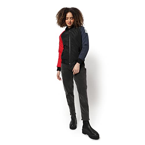 Image of Campus Sutra Women Red & Black Puffer Regular Fit Bomber Jacket For Winter Wear | Low-Cut Standing Collar | Full Sleeve | Zipper | Casual Jacket For Woman & Girl | Western Stylish Jacket For Women