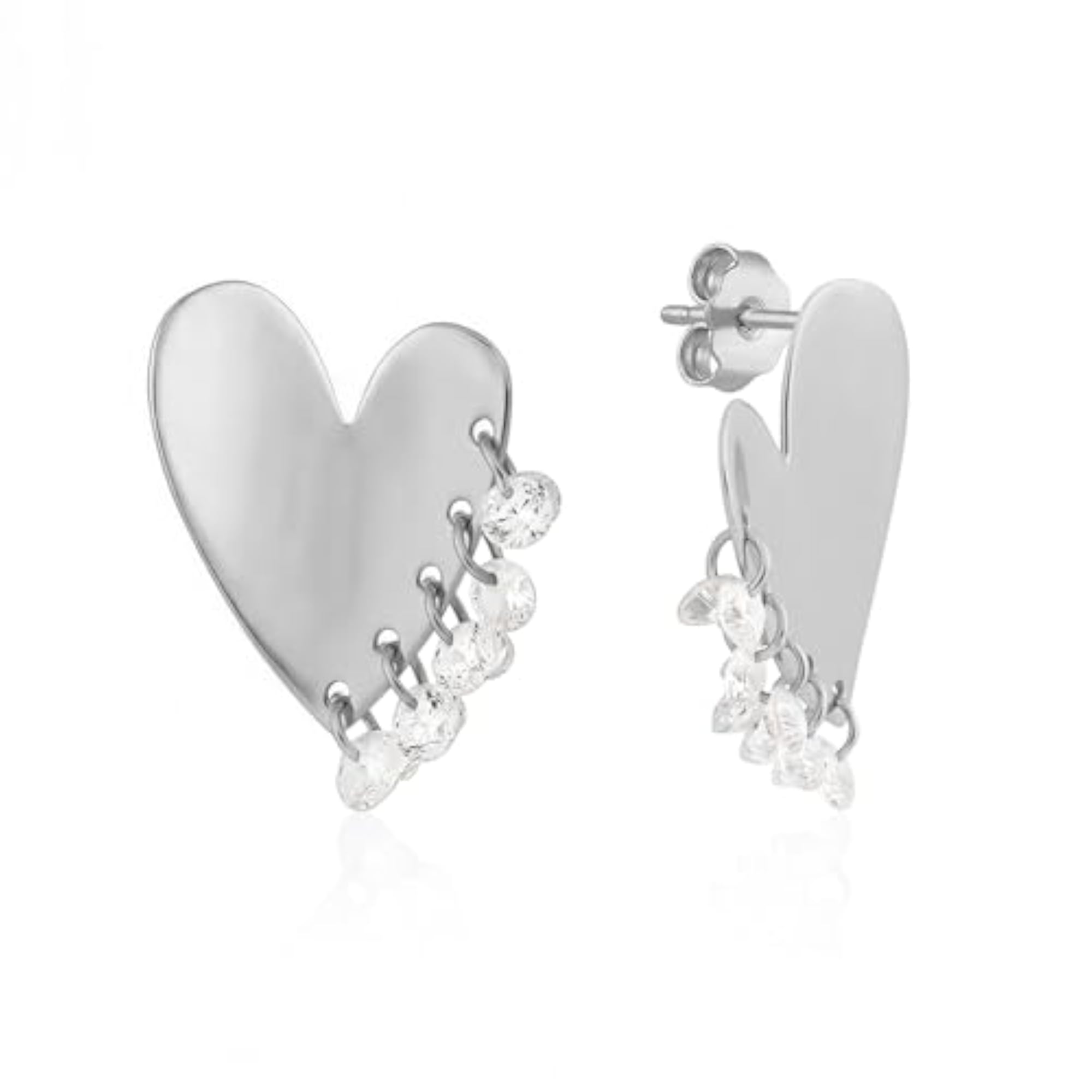 Women's Pure 925 Silver Dangling Stone Heart Stud Earrings