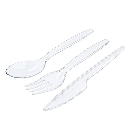 RAGO® 150-teiliges Mehrweg Besteckset I Wiederverwendbares Plastikbesteck aus Kunststoff – 50 Messer, 50 Gabeln 50 Löffel I Transparent, Spülmaschinenfest nach EN 12875-1, Stabil & BPA-frei