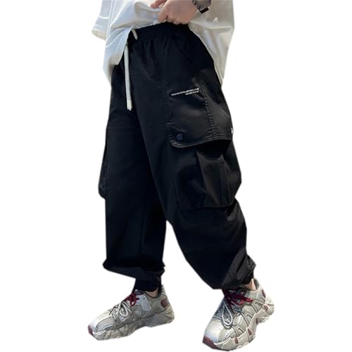 Boy's Cargo Joggers Elastic Waist Drawstring Casual Pants, Black, 4-5T = Tag 120