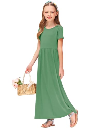 Image of Deerose Girls Maxi Dress Short Sleeve Casual Long Dresses with Pockets 5-14 Years