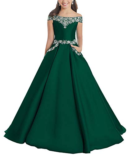 Junguan Flower Girls Off The Shoulder Pageant Dresses Long Princess Birthday Formal Party Ball Gowns Aline with Pockets 12 Emerald Green