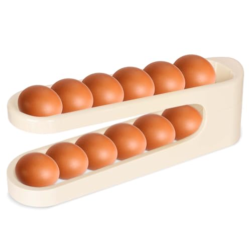 Caja de Almacenamiento de Huevos, Dispensador de Huevos Enrollable Automático de 2 Pisos, para 12 Huevos, Organizador de Huevos para Cocina de Plástico Duradero - Blanco Roto