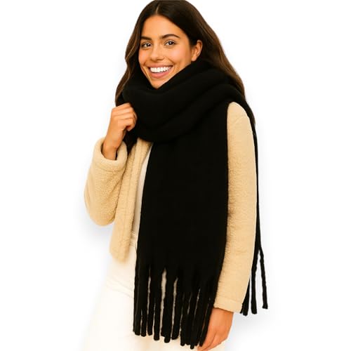 Ziona Damen Schal Winter XXL – kuschelig weich, breit & warm – mit Fransen, einfarbig, Herbst Accessoire aus 100% Viskose, 175 x 50 cm (Schwarz)