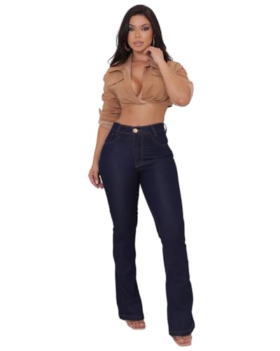 Calça Jeans Feminina Flare Boca De Sino Cintura Alta Levante Bumbum (BR, Cintura, 44, Slim, Regular, Padrão, Azul Escura)