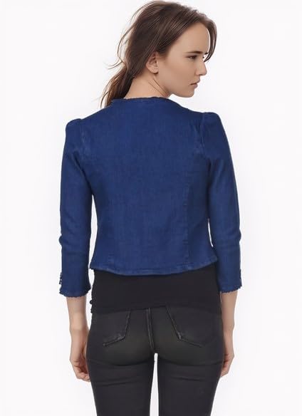 Image of Women's Blue Cropped Blazer, 3 /4 Sleeve, Button Front, Formal Jacket