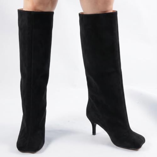 Image of DOBOYG Knee High Suede Boots for Women Wide Calf Square Toe Tall Boots | Stiletto High Heels Pull On Fashion Long Booties