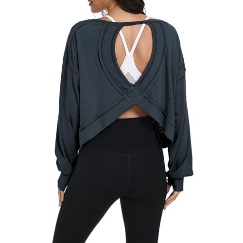 denking Women Open Back Workout Tops 100% Cotton Long Sleeve Shirts Yoga Athletic Gym Pilates Crop Cute Summer Oversize Tees(Dark Grey S)