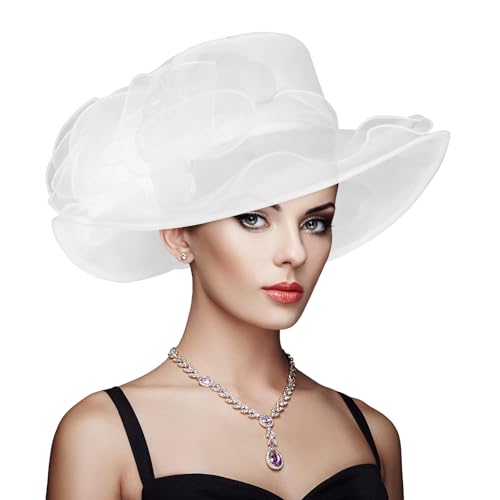 SHUIMUHUABEN Derby for Women 2025 Equestrian Derby Tea Party Fascinators Wide Brim White